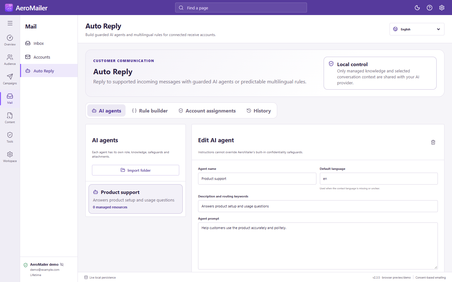 AeroMailer ai auto reply agents interface