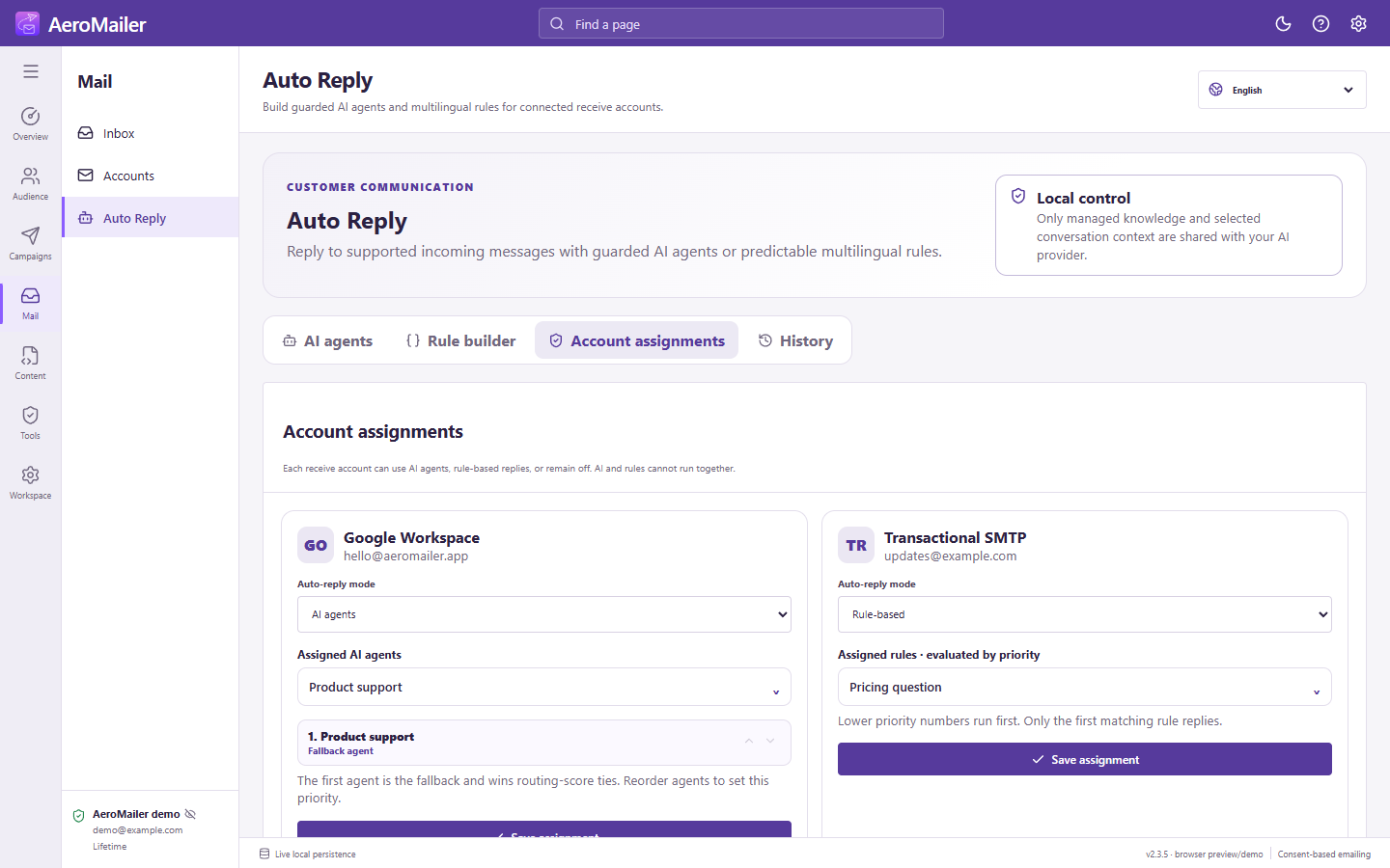 AeroMailer auto reply account assignments interface