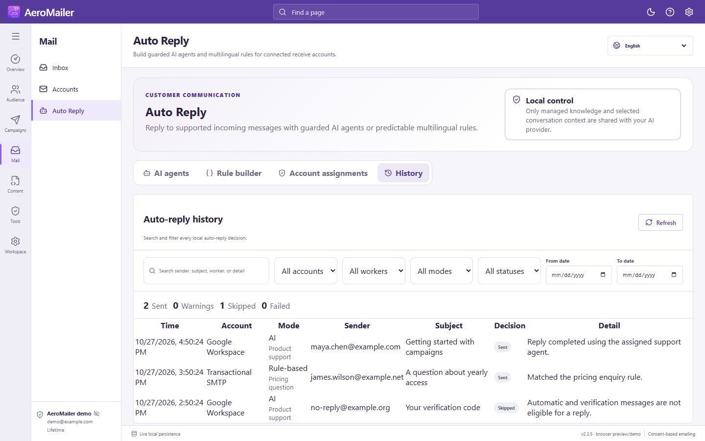 AeroMailer auto reply history interface