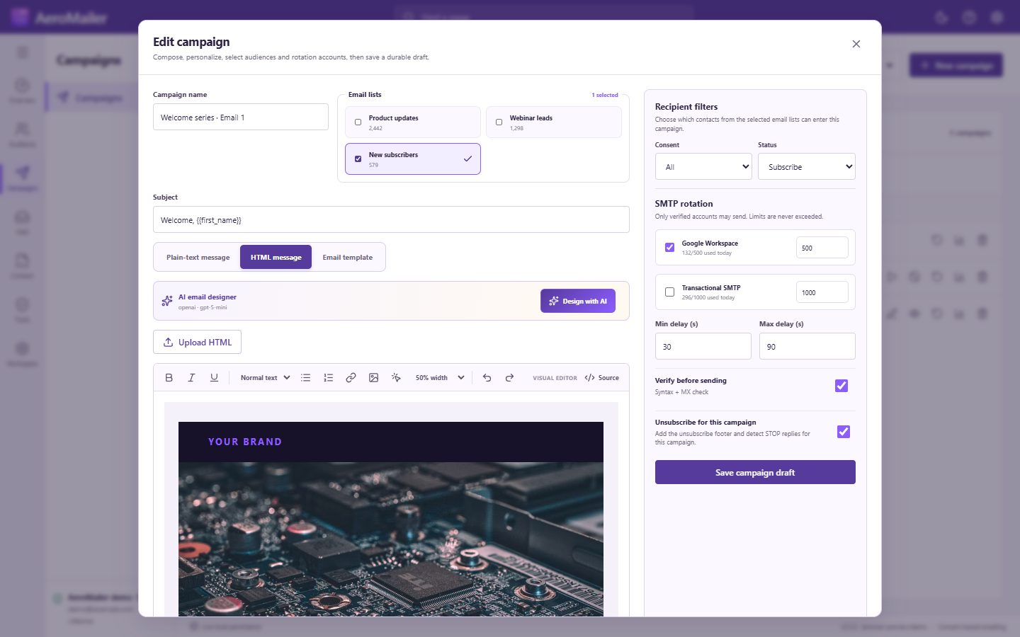 AeroMailer interface: Build a plain-text or HTML campaign