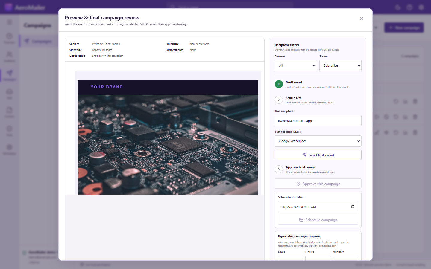AeroMailer interface: Test, review, schedule, and start a campaign