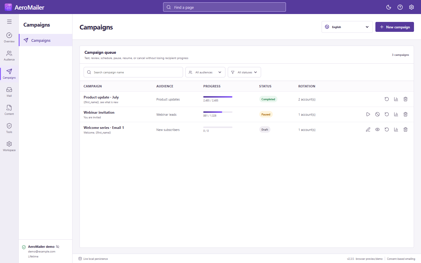 AeroMailer interface: Pause, resume, cancel, reuse, repeat, or delete campaigns