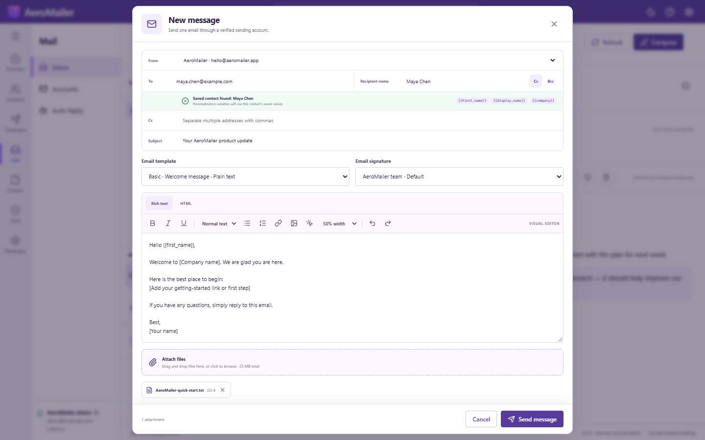 AeroMailer compose an individual email interface