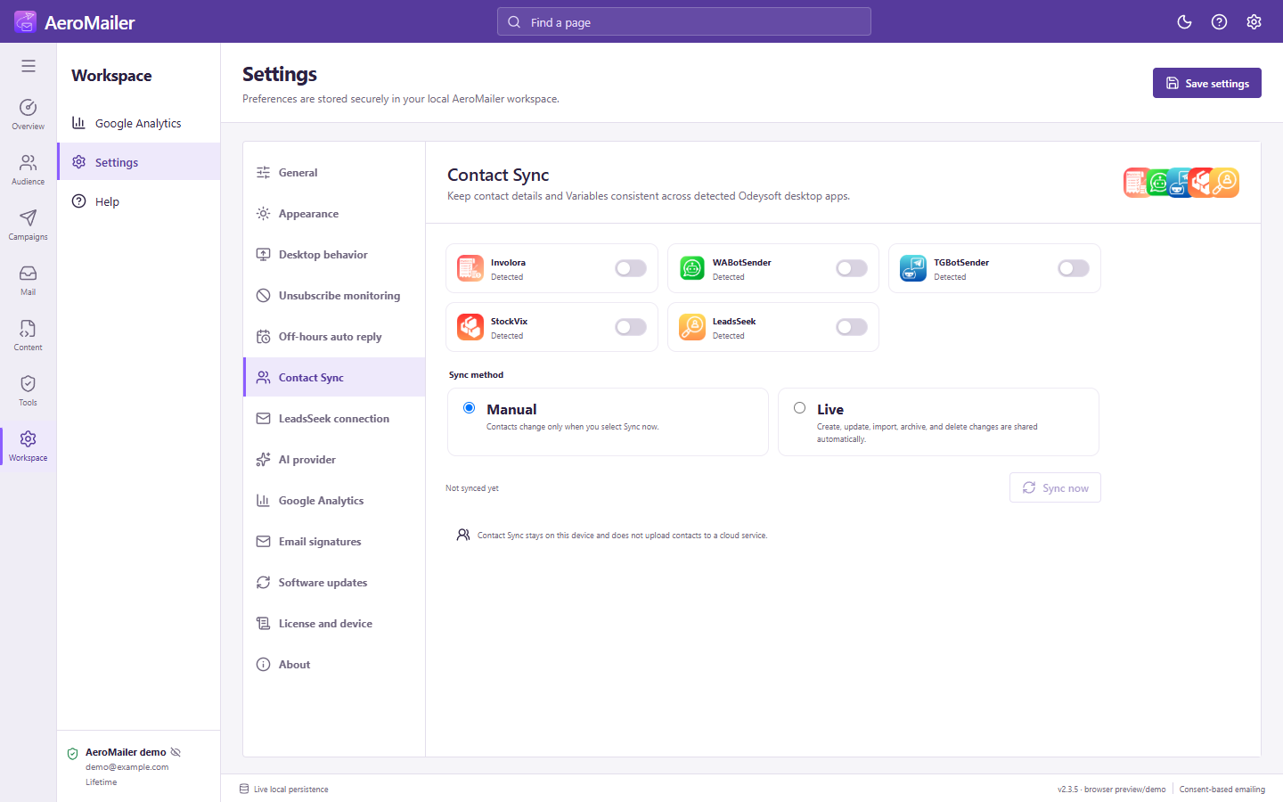 AeroMailer contact sync settings interface