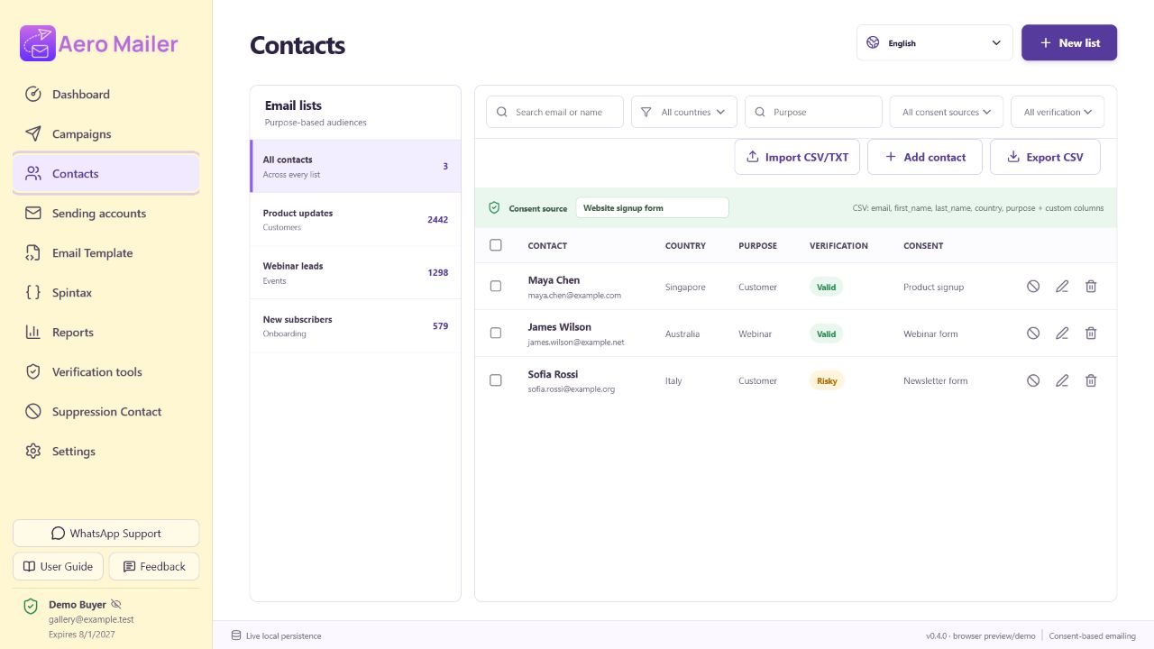 AeroMailer contact management interface