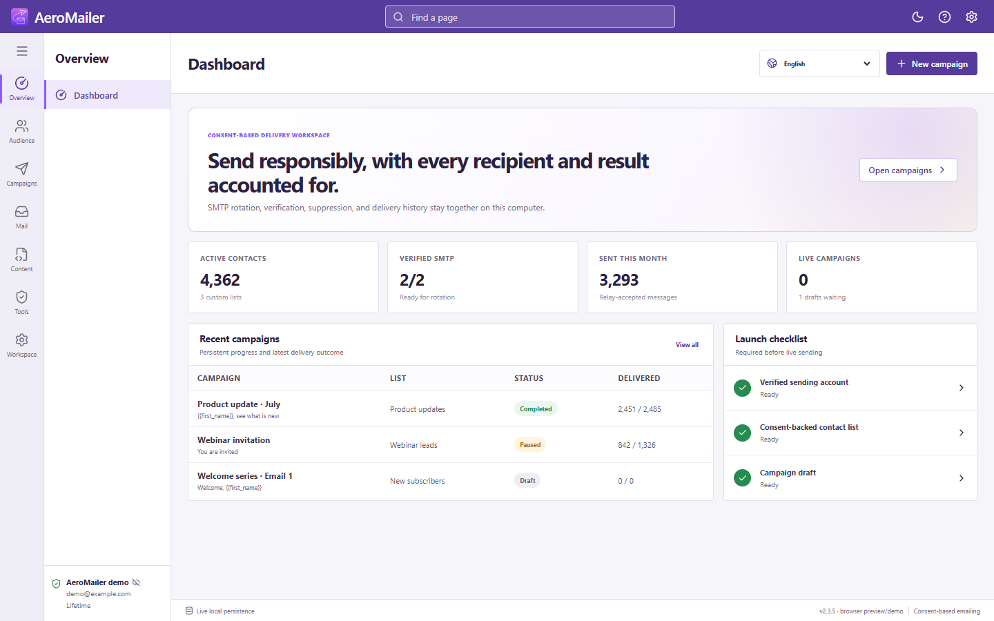 AeroMailer interface: Start here: AeroMailer setup checklist