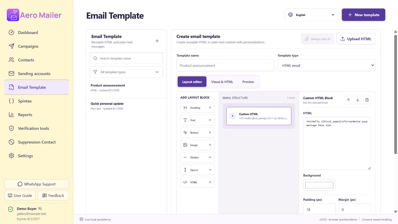 AeroMailer email template builder interface