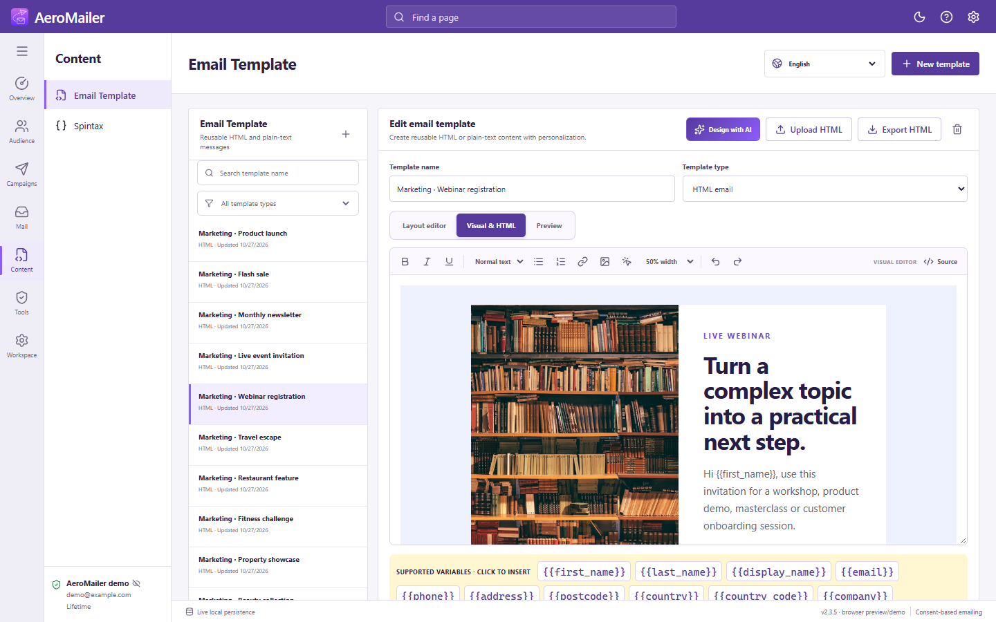 AeroMailer interface: Create plain-text and HTML email templates