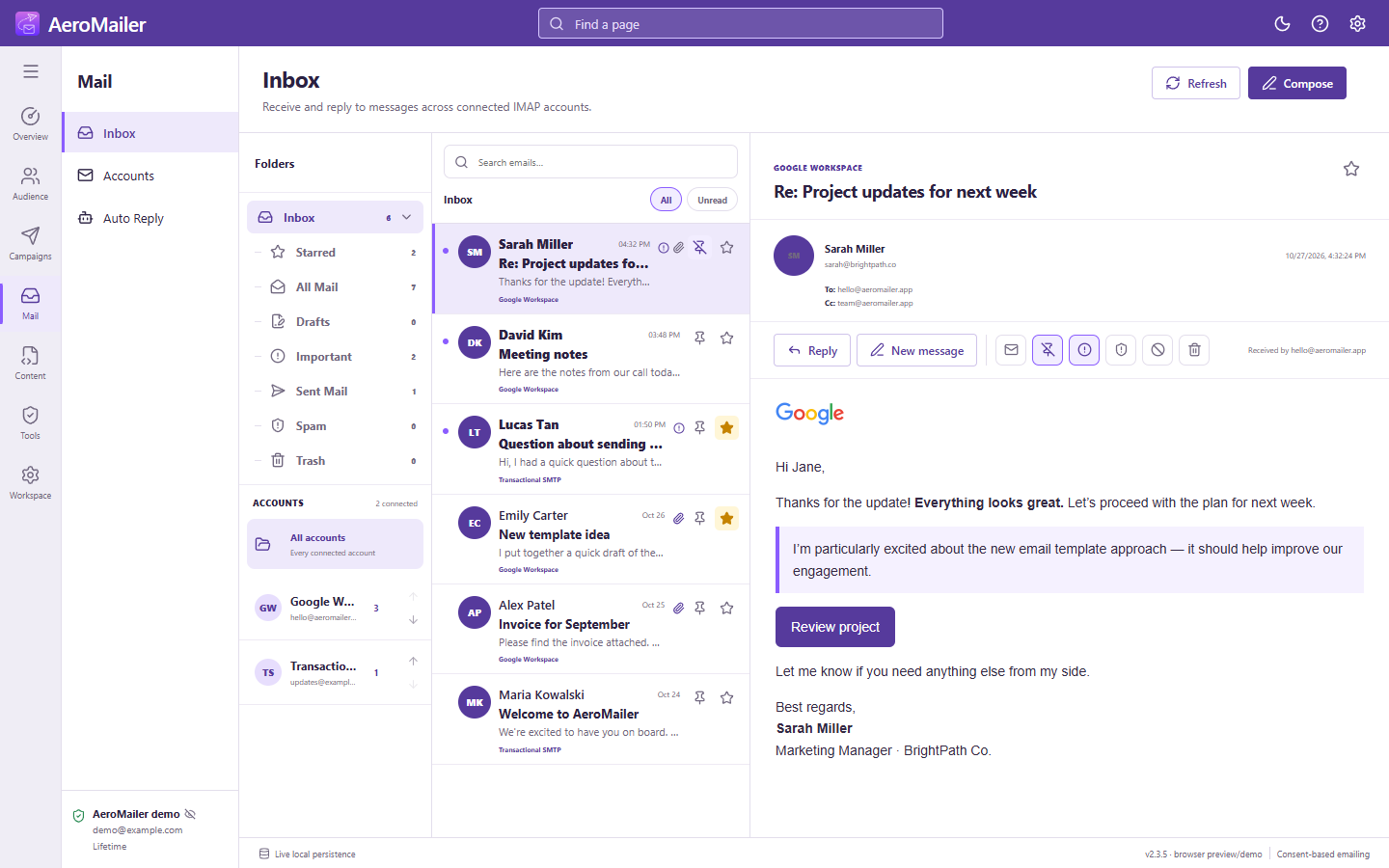 AeroMailer multiple inboxes interface