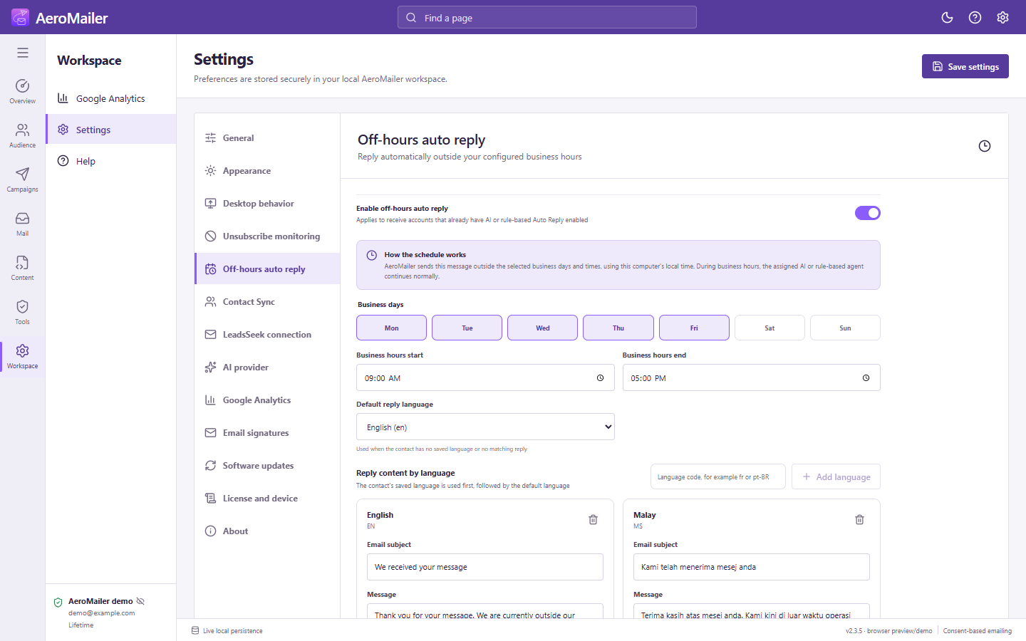 AeroMailer interface: Configure multilingual off-hours auto replies