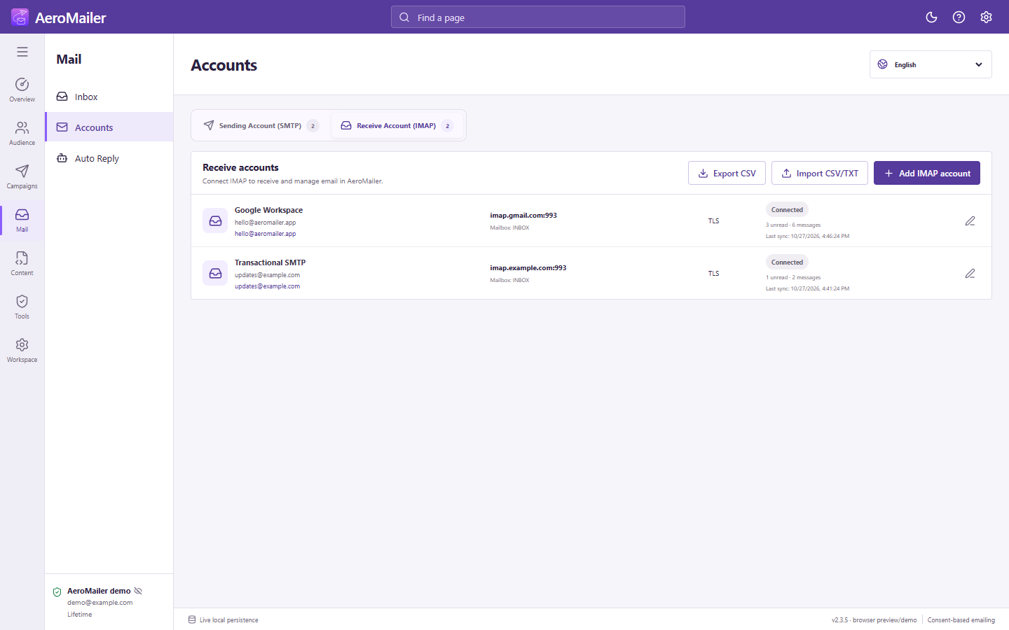 AeroMailer receiving accounts · imap interface