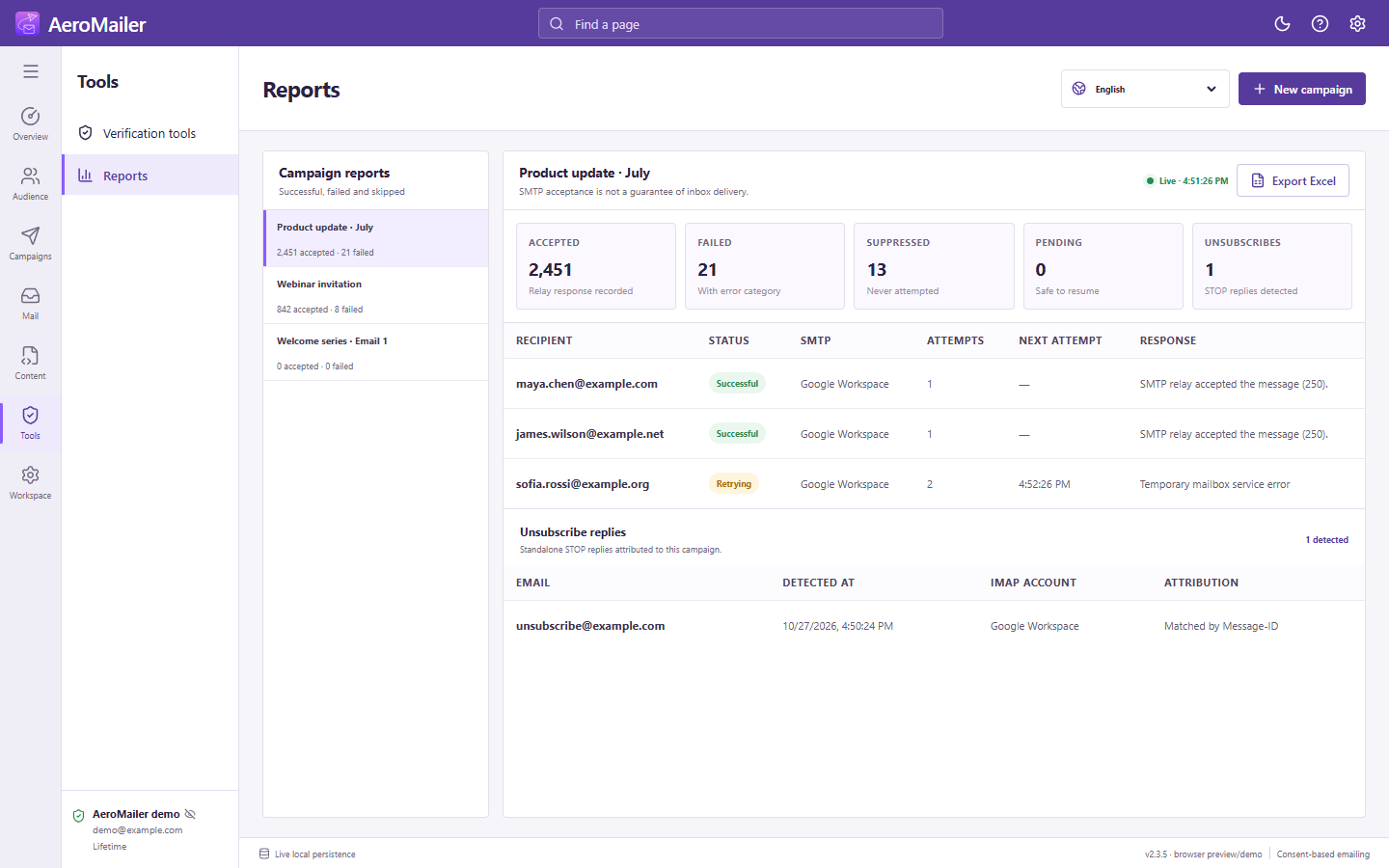 AeroMailer interface: Monitor live campaign reports and export results