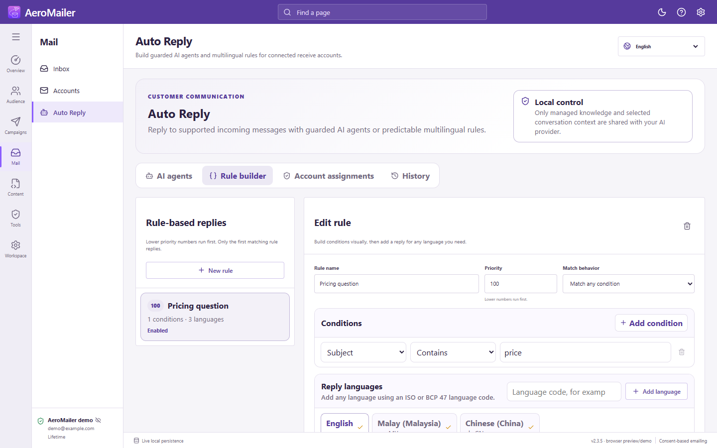 AeroMailer interface: Build and test multilingual rule-based replies