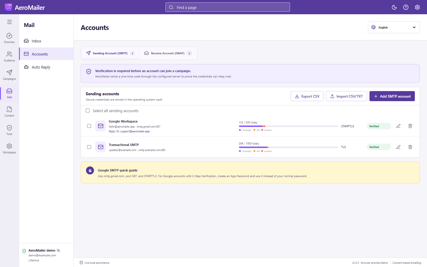 AeroMailer interface: Control SMTP rotation, delays, and retries