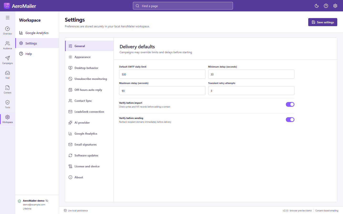AeroMailer interface: Configure settings, languages, appearance, and protected data