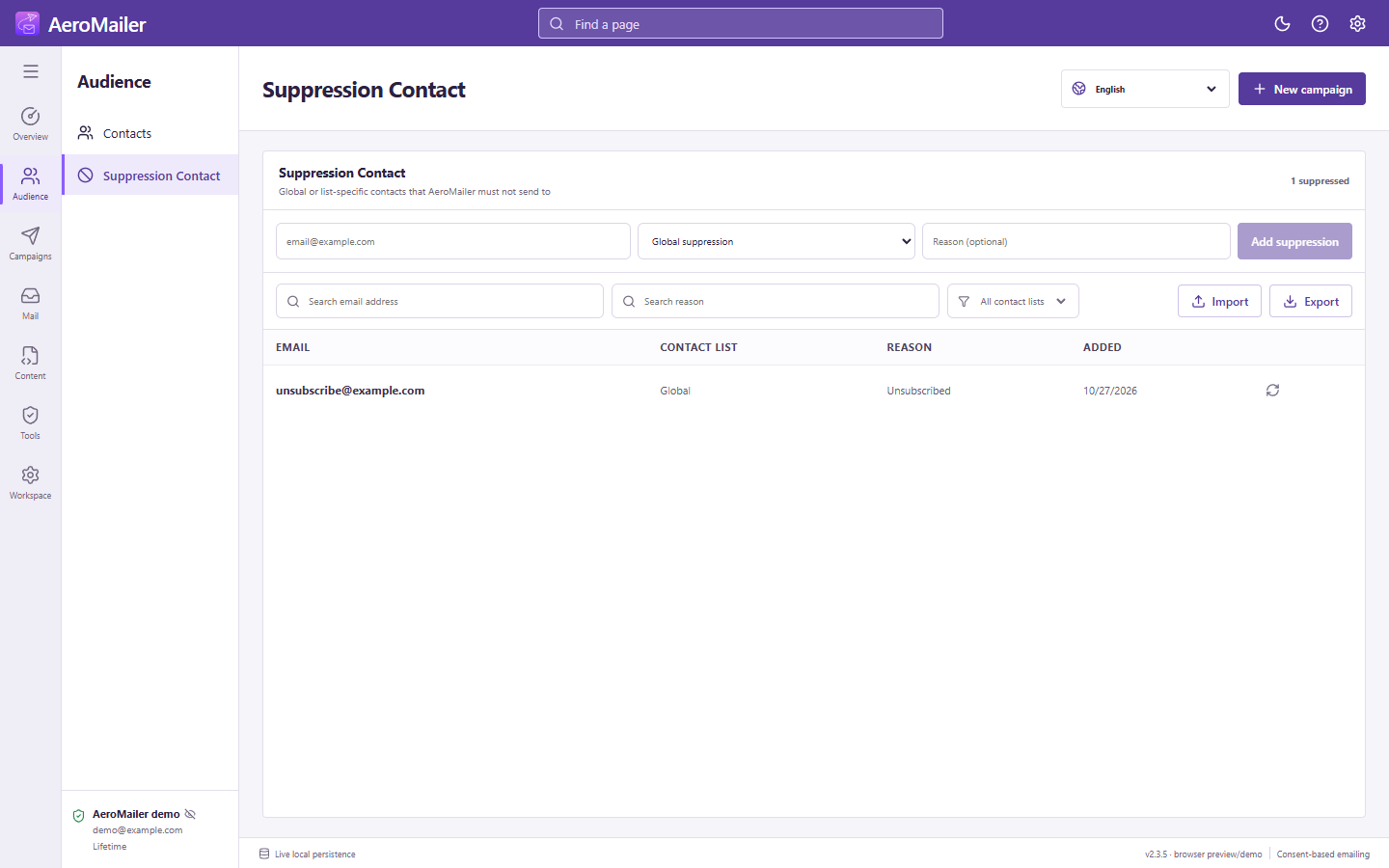 AeroMailer interface: Manage suppression contacts