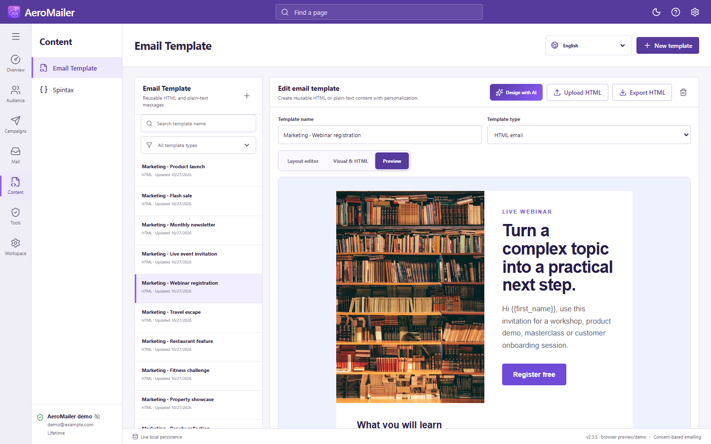 AeroMailer interface: Use the 20 built-in email templates