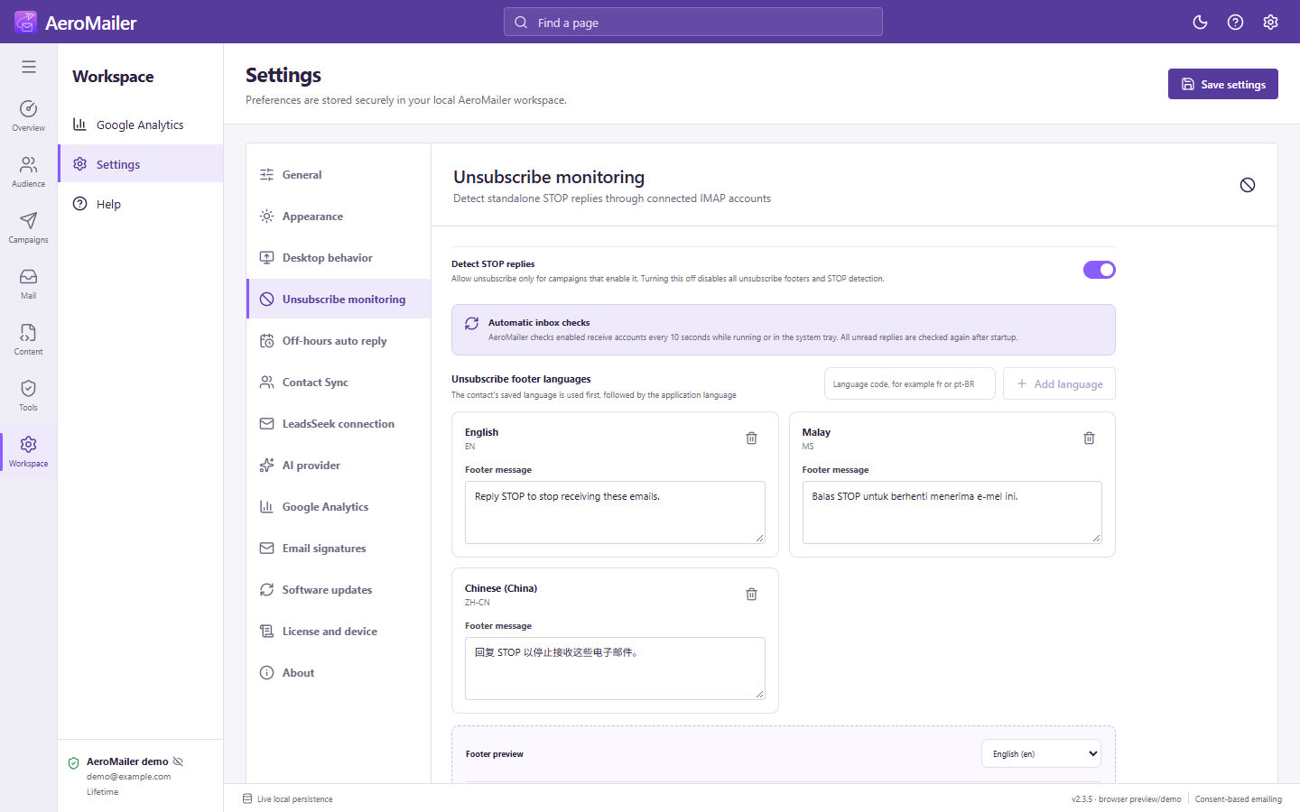 AeroMailer interface: Enable reply-STOP unsubscribe for selected campaigns