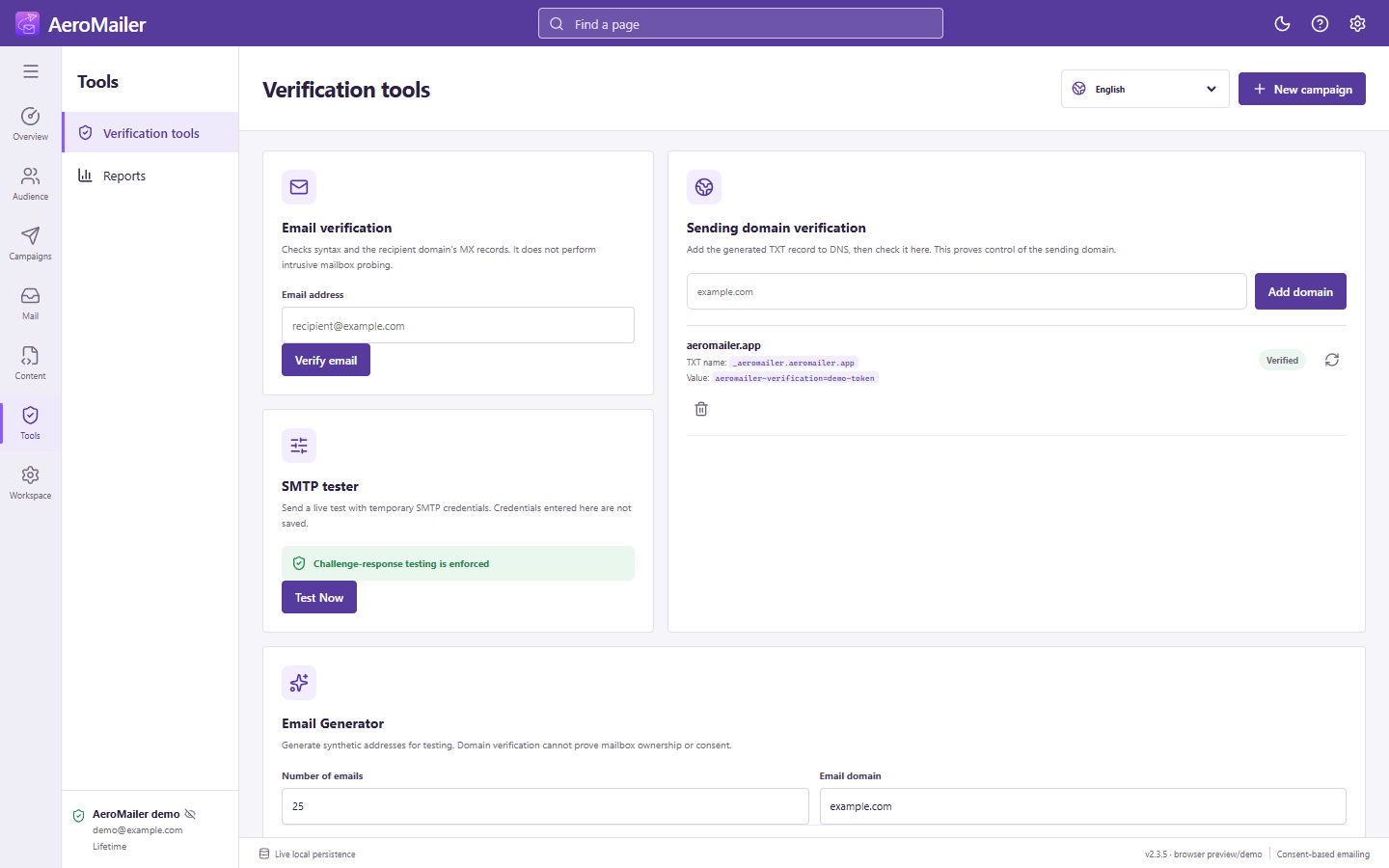 AeroMailer interface: Verify email addresses and sending domains